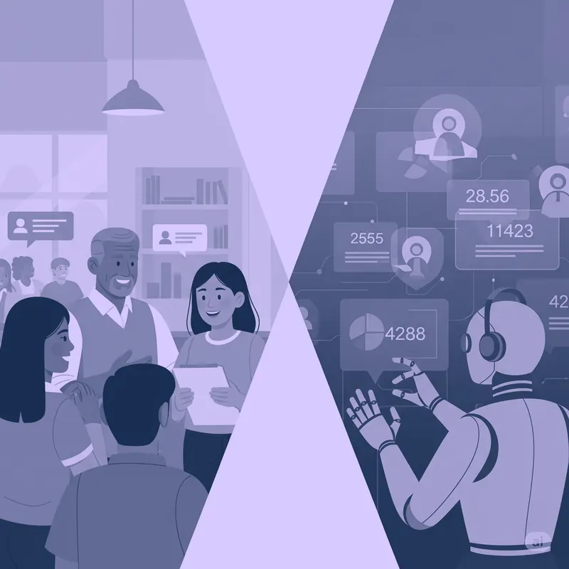 Split illustration showing a human meeting scene and an AI/robot data scene.