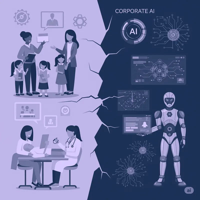 Representation of AI applications in education and healthcare, connected through cracked lines.