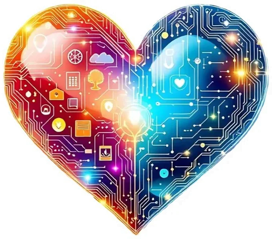 Heart-shaped digital circuit board with colourful icons and symbols