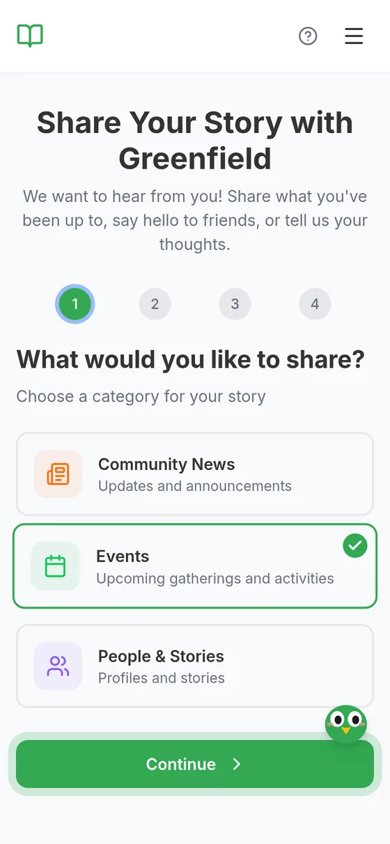 The first screen on a phone: “What would you like to share?”, with three topics to choose from