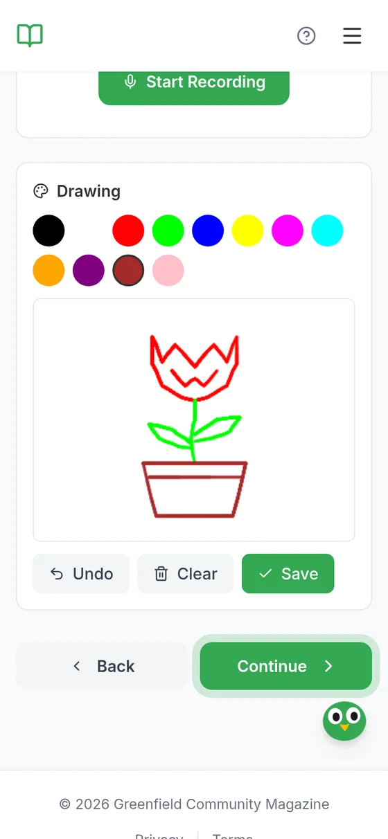 A drawing of a red tulip in a pot, made with a finger on the drawing screen