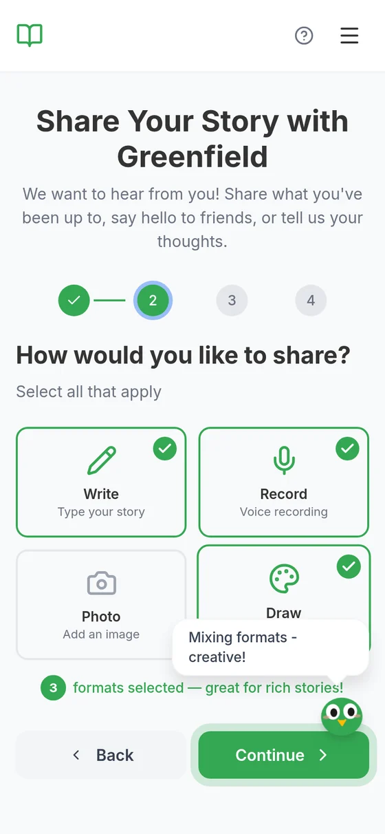 Four ways to share: write, record, photo and draw, three of them chosen
