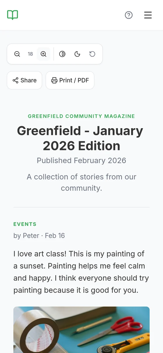 The published magazine on a phone, with buttons for text size, high contrast and dark mode