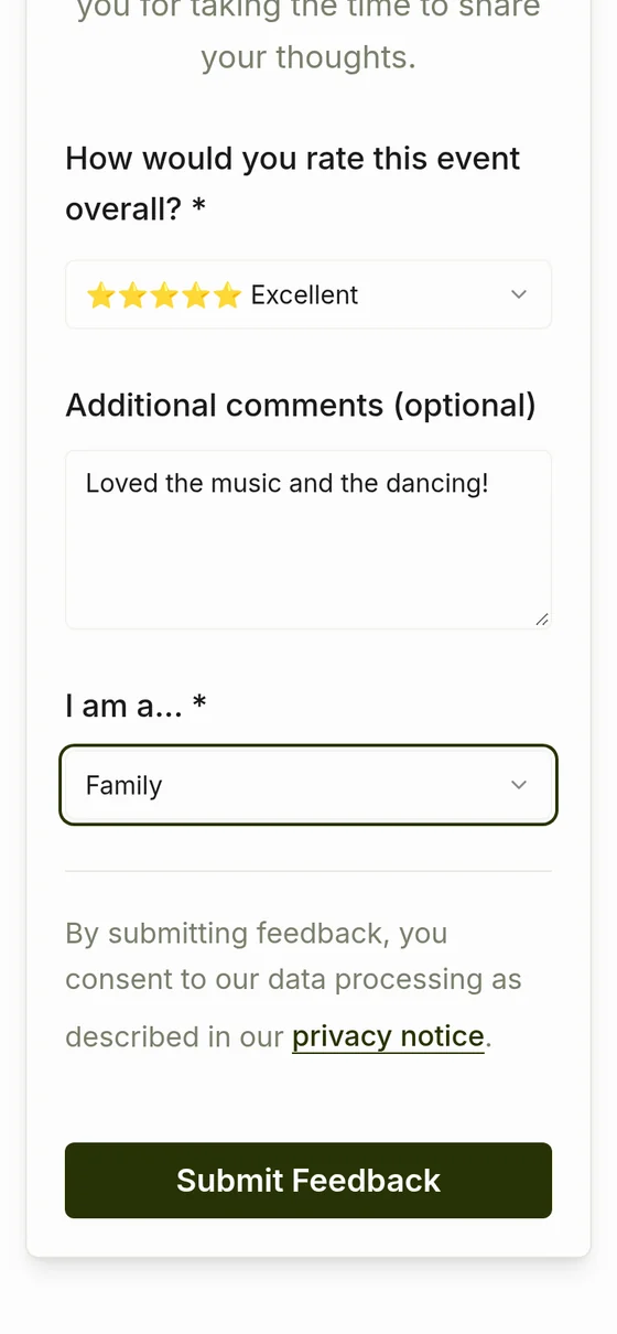 The form filled in: five stars, the comment “Loved the music and the dancing!” and the role Family