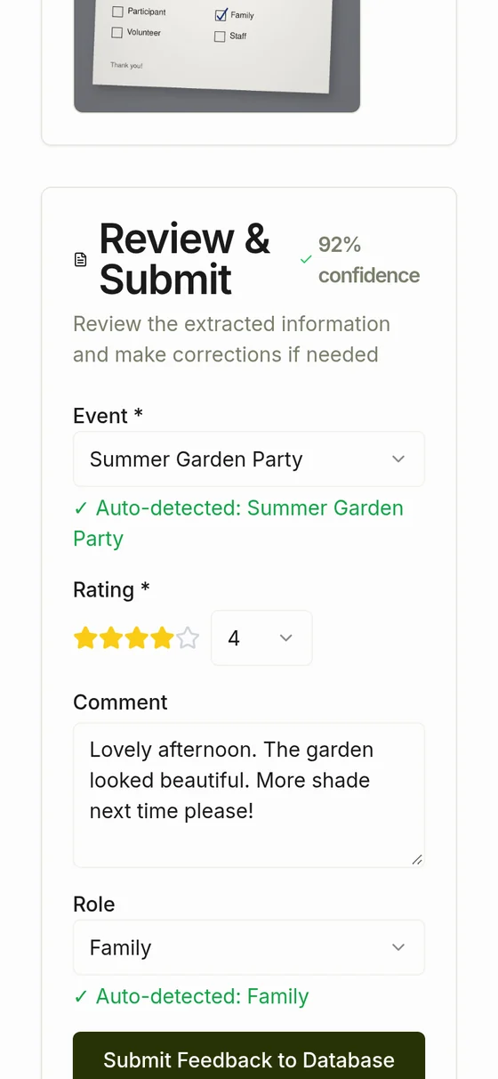 A paper form read by AI: the event, four stars, the comment and the role Family, each marked as detected, ready to check