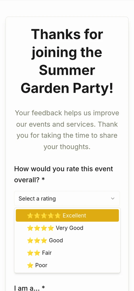 The feedback form on a phone, with the rating list open: from five stars, Excellent, to one star, Poor